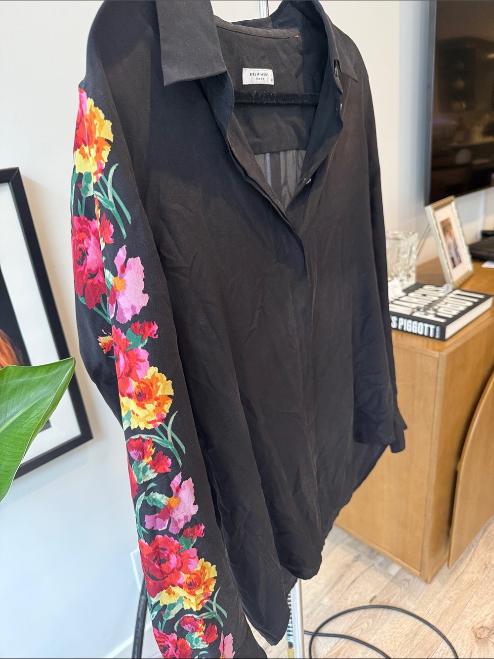 Equipment Black Button-Down Top with Multicolored Floral Sleeve
